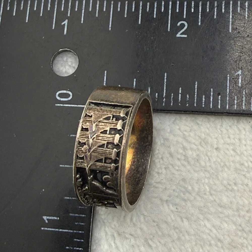 Vintage Signed Sterling Band Ring Story Teller Relief Enamel 9.5